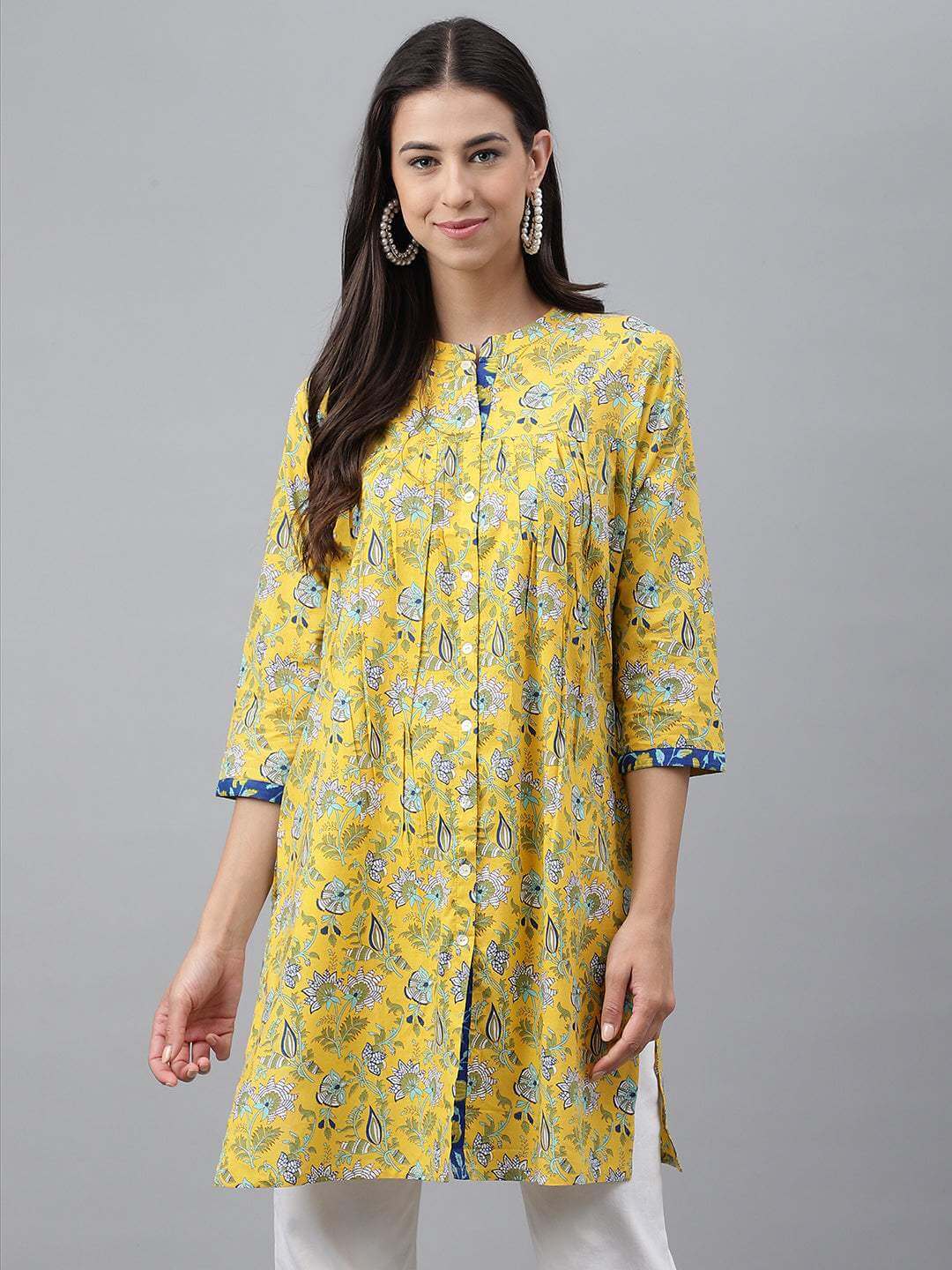 Yellow Cotton Floral Print Empire Tunic  - By Janasya