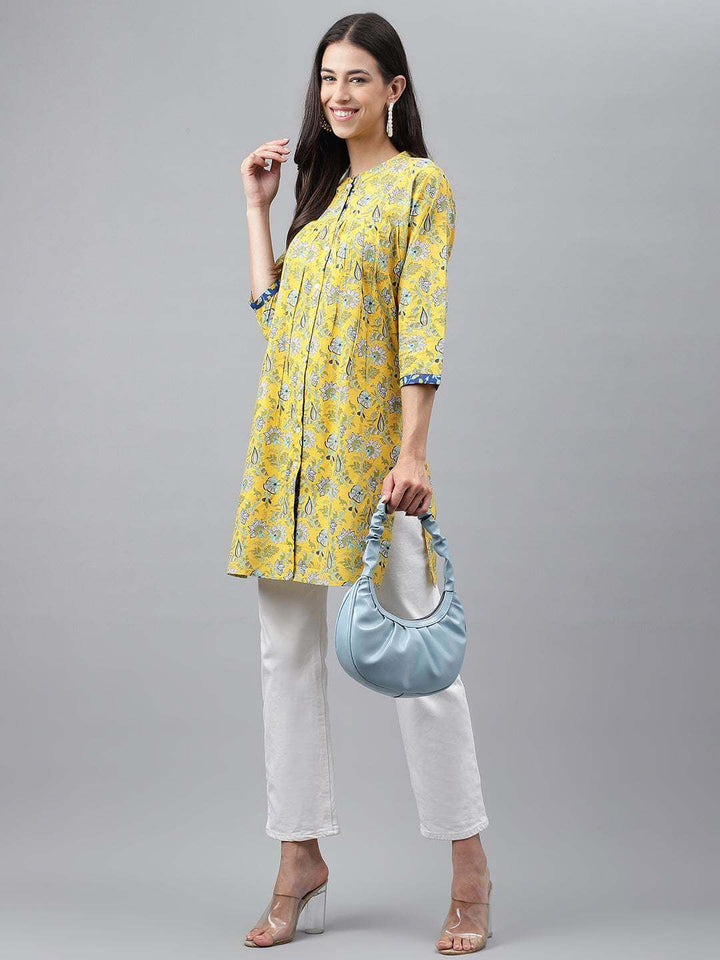 Yellow Cotton Floral Print Empire Tunic  - By Janasya