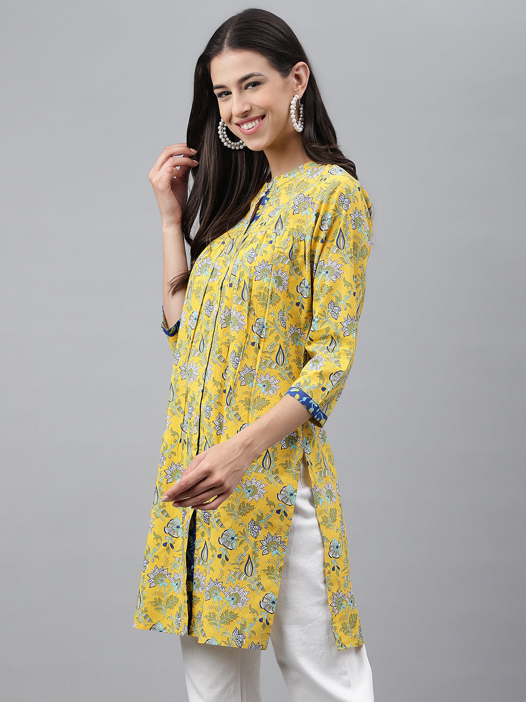 Yellow Cotton Floral Print Empire Tunic  - By Janasya