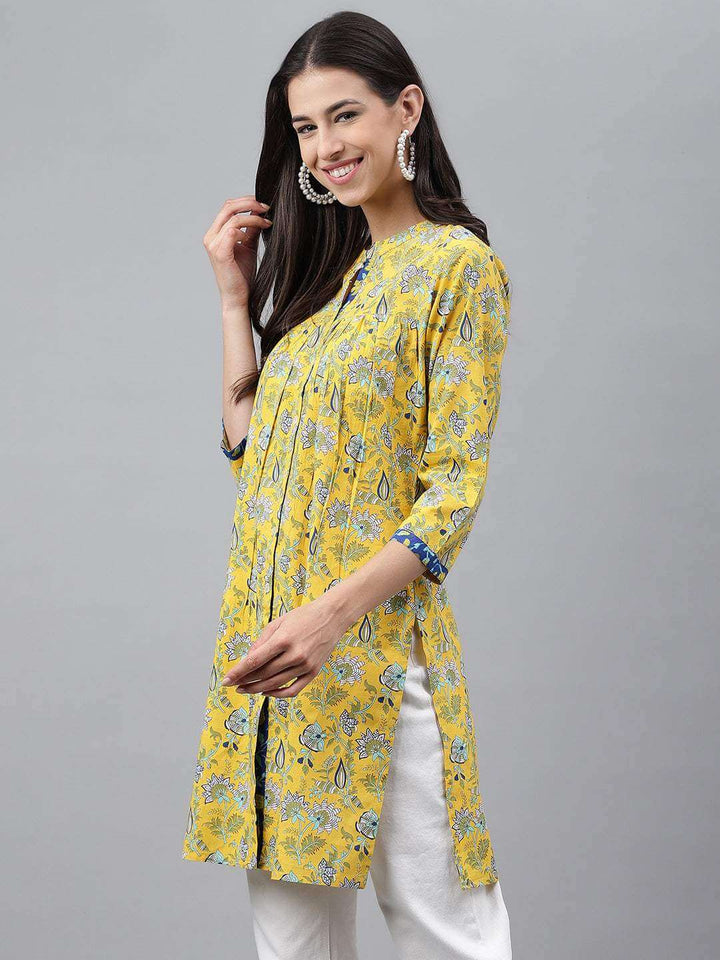 Yellow Cotton Floral Print Empire Tunic  - By Janasya