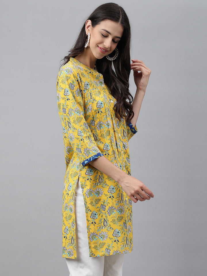 Yellow Cotton Floral Print Empire Tunic  - By Janasya