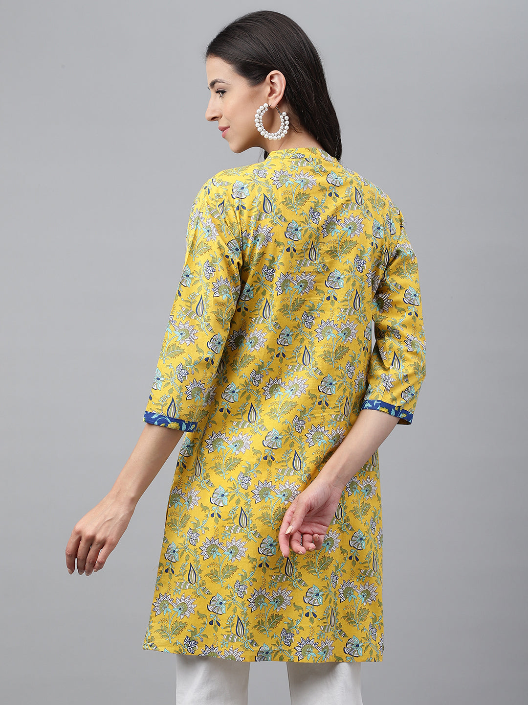 Yellow Cotton Floral Print Empire Tunic  - By Janasya