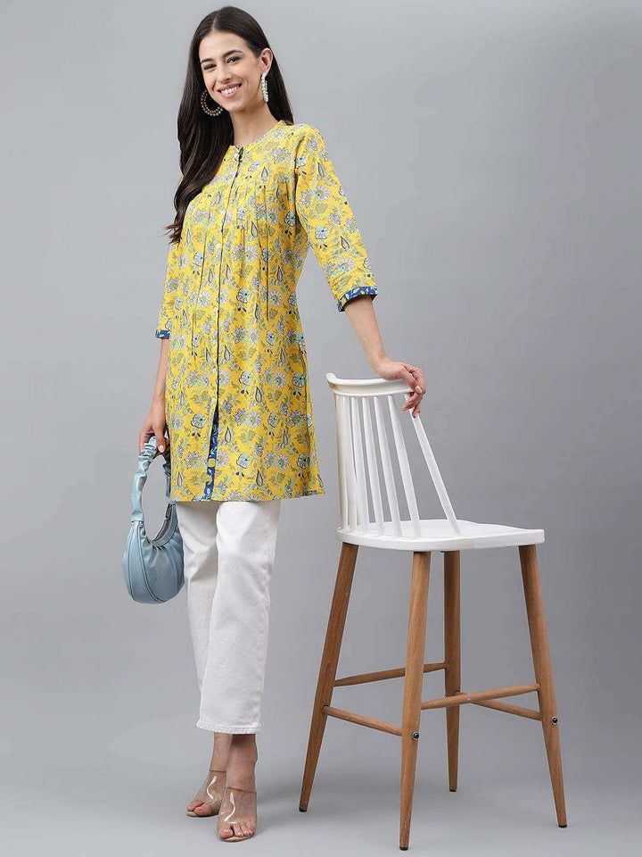 Yellow Cotton Floral Print Empire Tunic  - By Janasya