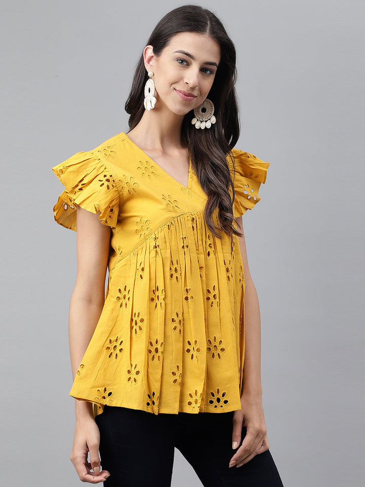 Mustard Cotton Schiffli Gathered Top  - By Janasya