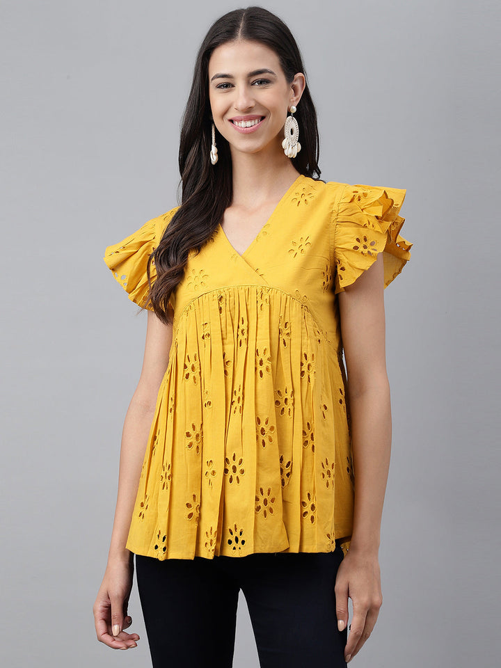 Mustard Cotton Schiffli Gathered Top  - By Janasya