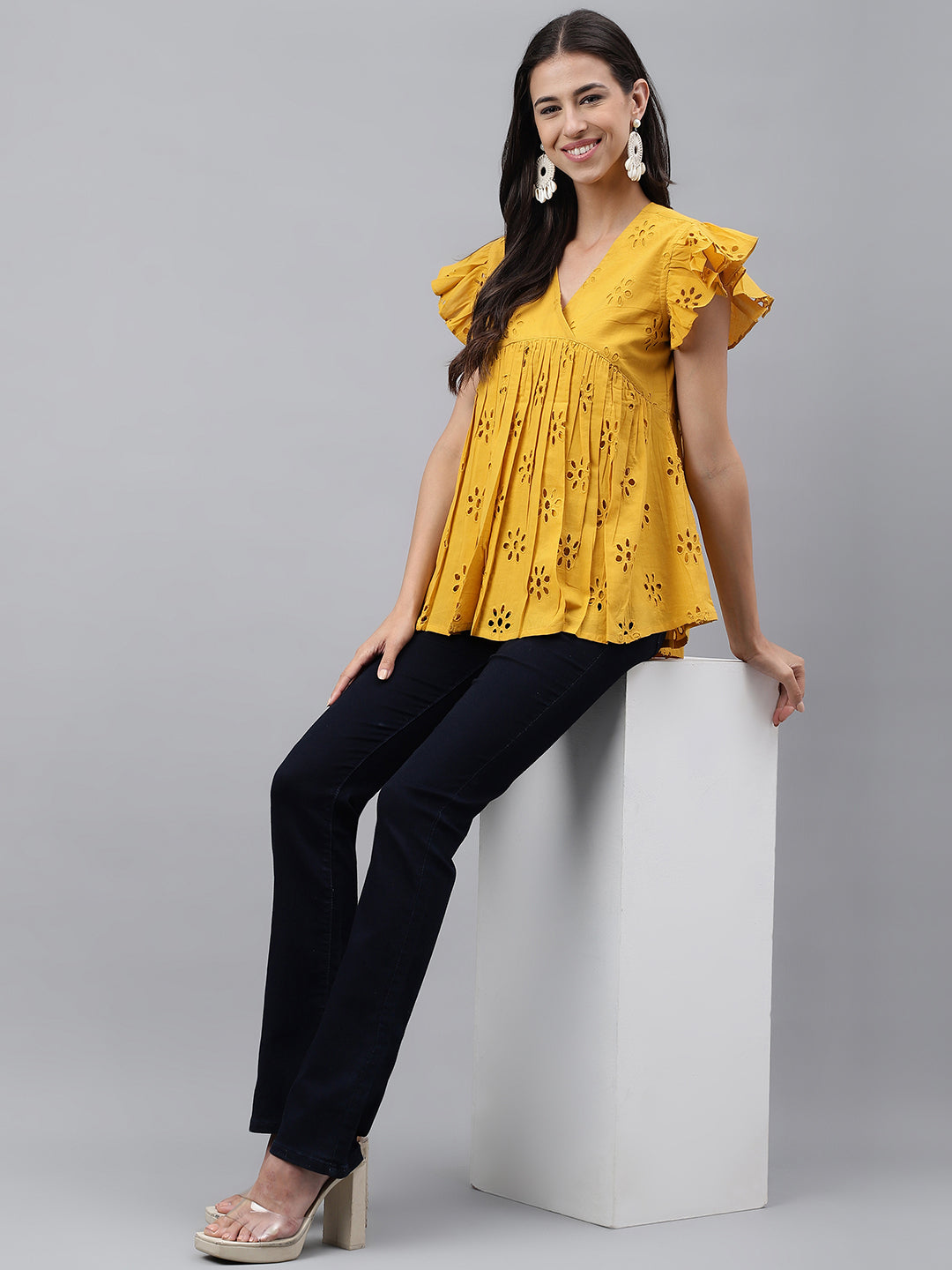 Mustard Cotton Schiffli Gathered Top  - By Janasya