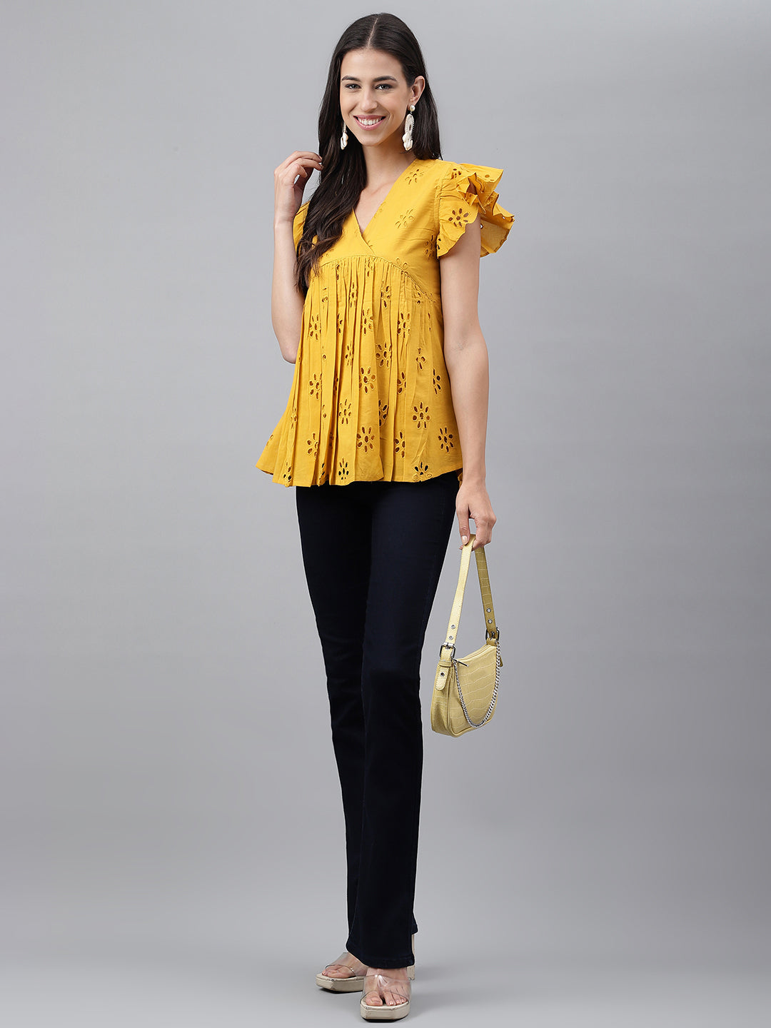 Mustard Cotton Schiffli Gathered Top  - By Janasya