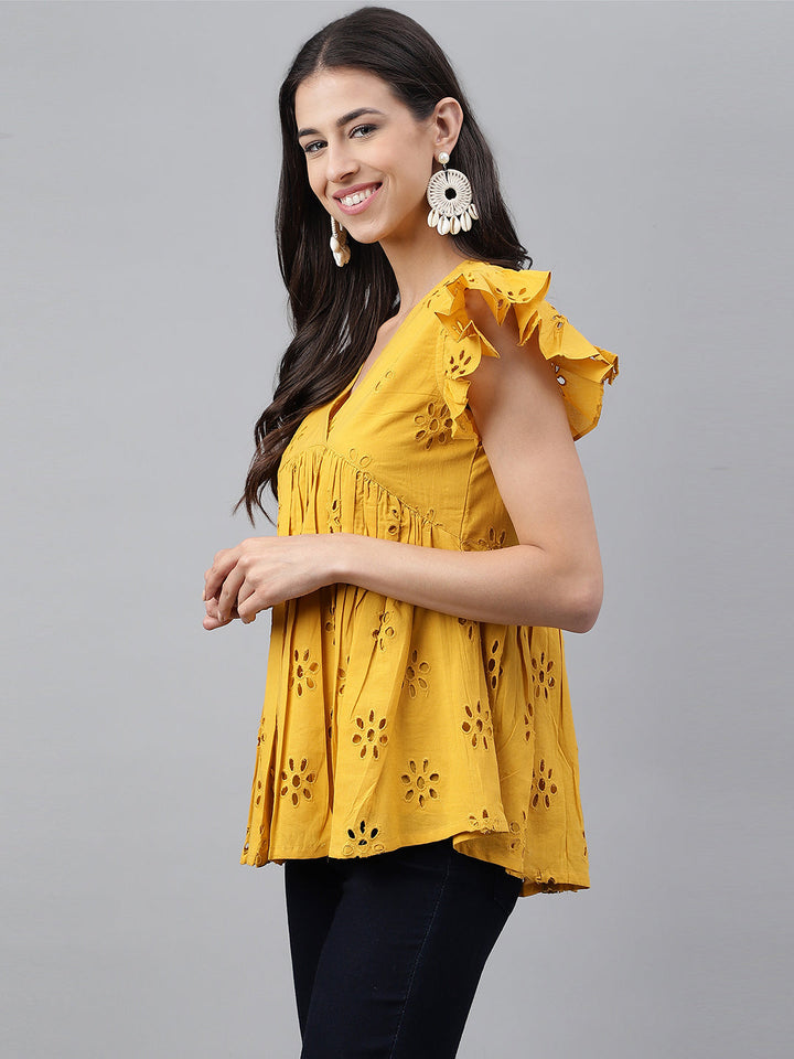 Mustard Cotton Schiffli Gathered Top  - By Janasya