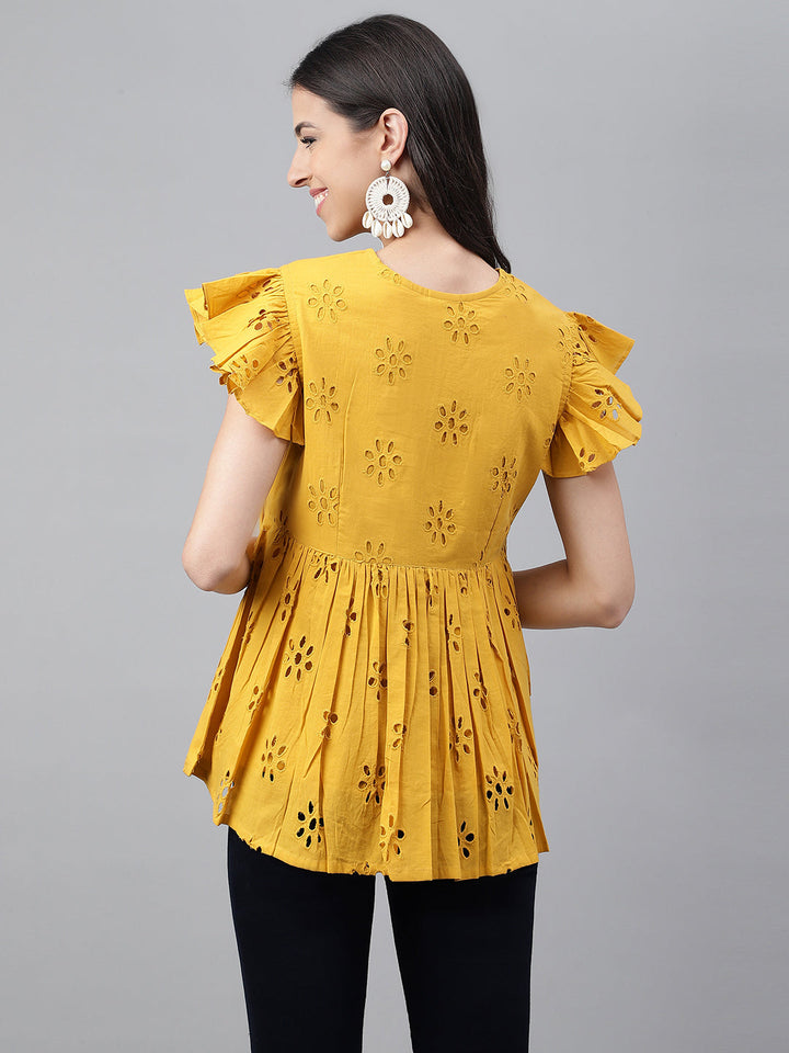 Mustard Cotton Schiffli Gathered Top  - By Janasya