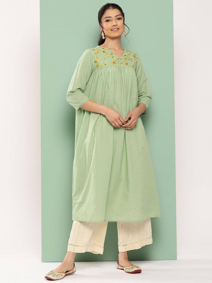 Sage Green Dobby Cotton Solid Empire Kurta  - By Janasya