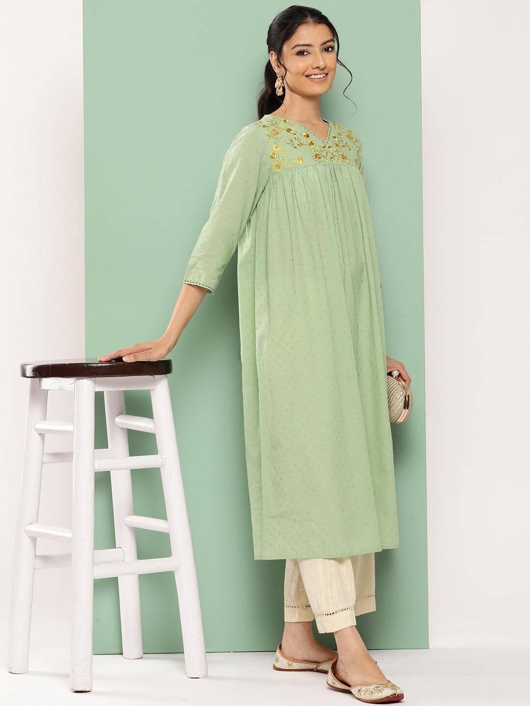 Sage Green Dobby Cotton Solid Empire Kurta  - By Janasya