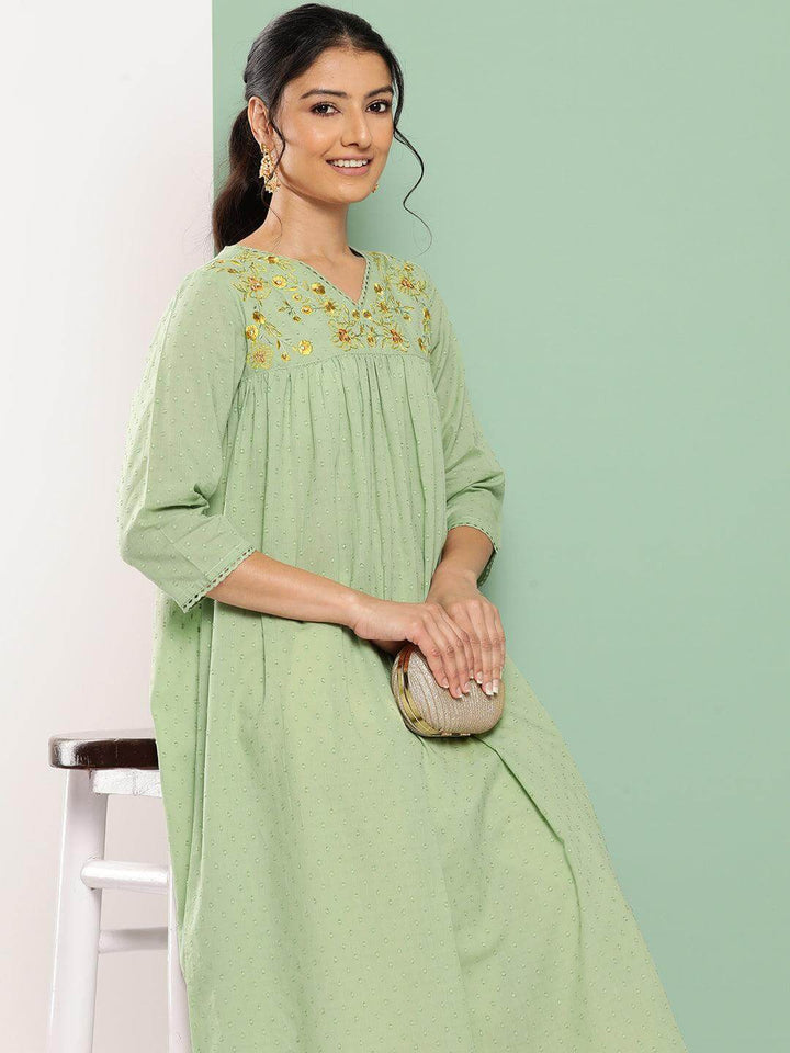 Sage Green Dobby Cotton Solid Empire Kurta  - By Janasya