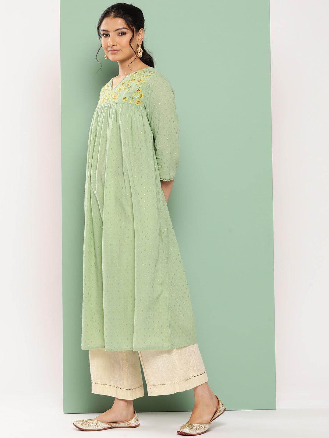 Sage Green Dobby Cotton Solid Empire Kurta  - By Janasya