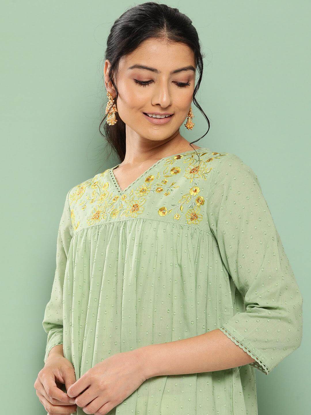 Sage Green Dobby Cotton Solid Empire Kurta  - By Janasya