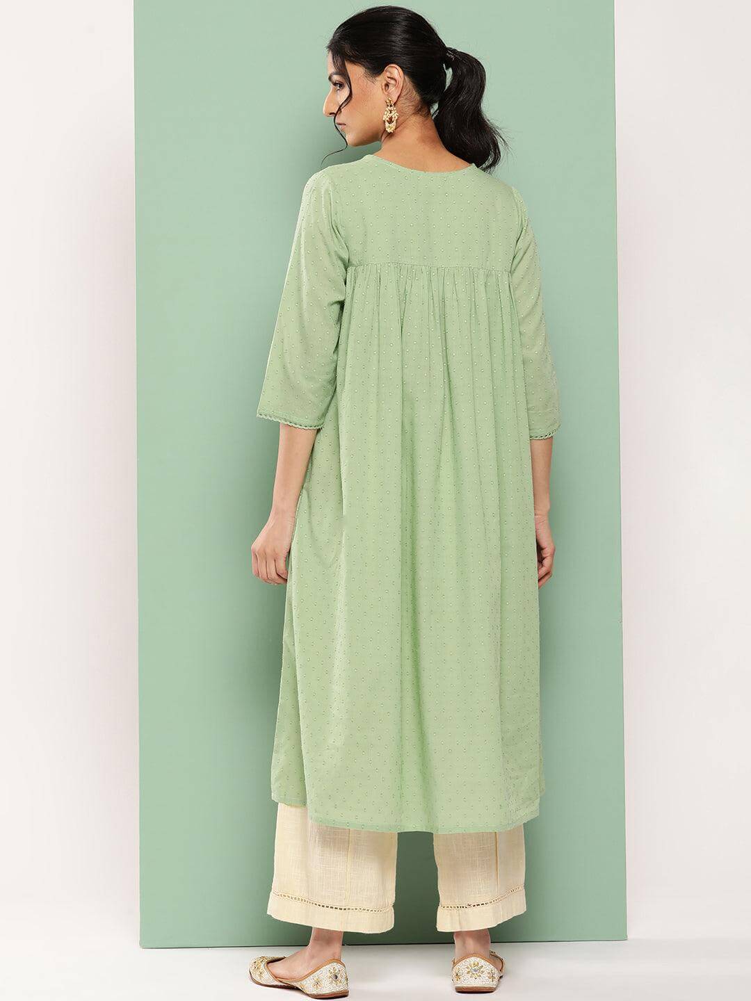 Sage Green Dobby Cotton Solid Empire Kurta  - By Janasya