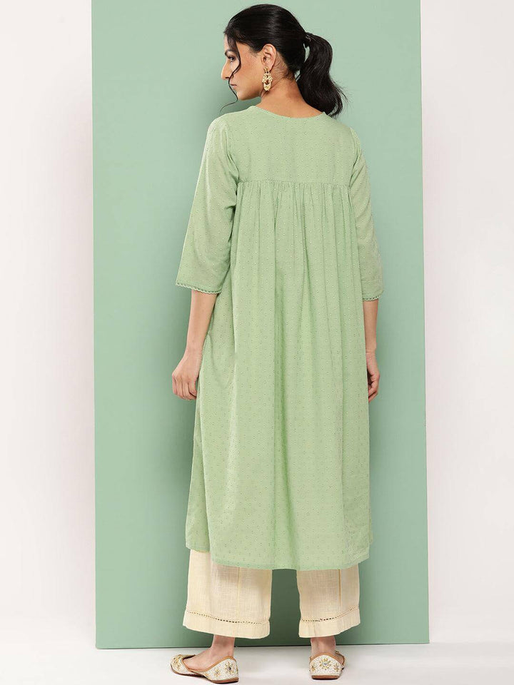 Sage Green Dobby Cotton Solid Empire Kurta  - By Janasya