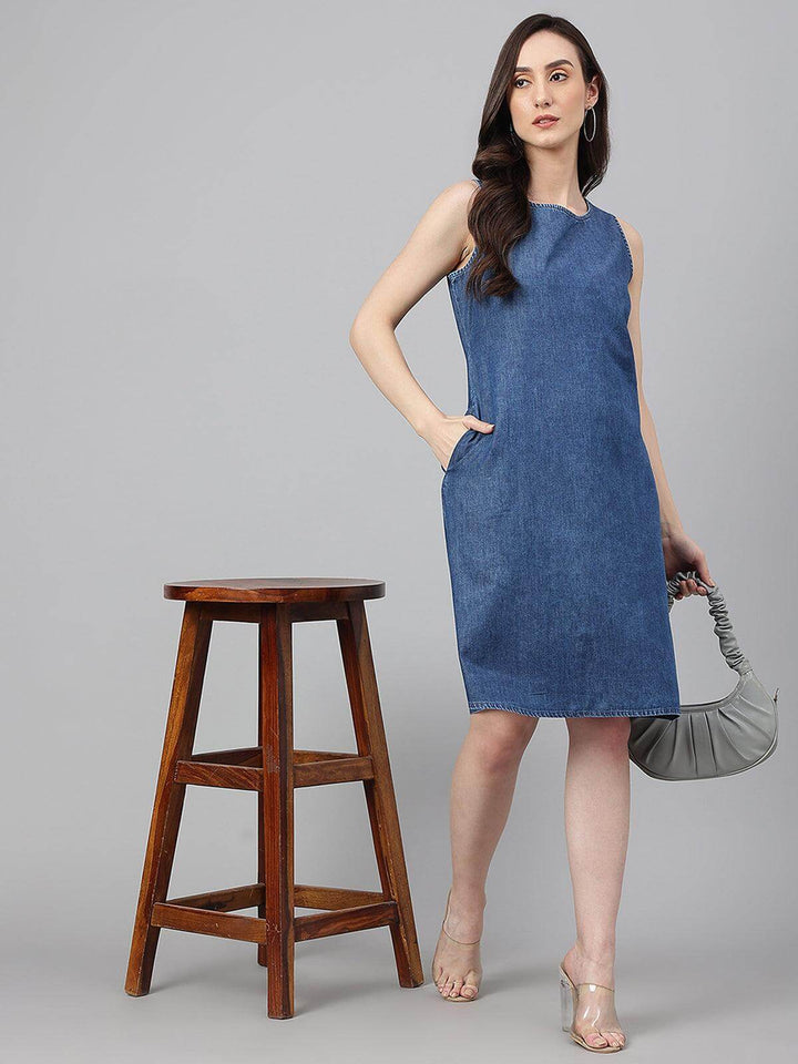 Blue Denim Solid Straight Western Dress  - By Janasya