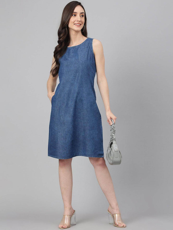 Blue Denim Solid Straight Western Dress  - By Janasya