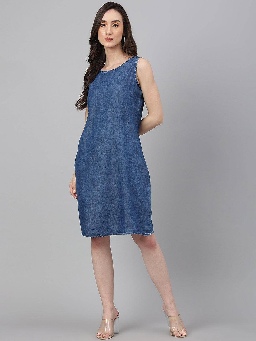 Blue Denim Solid Straight Western Dress  - By Janasya