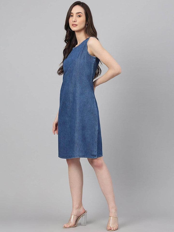 Blue Denim Solid Straight Western Dress  - By Janasya