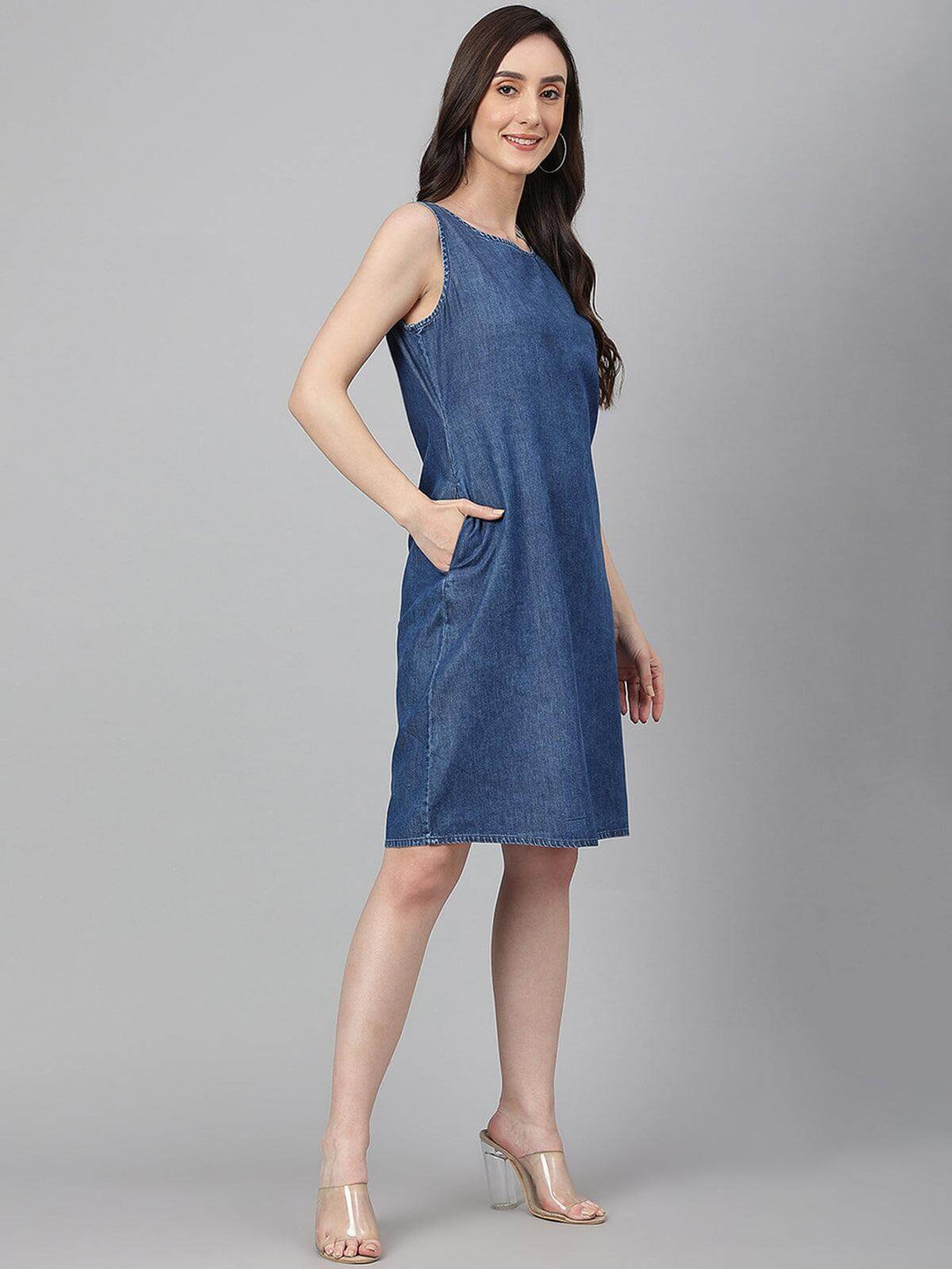 Blue Denim Solid Straight Western Dress  - By Janasya