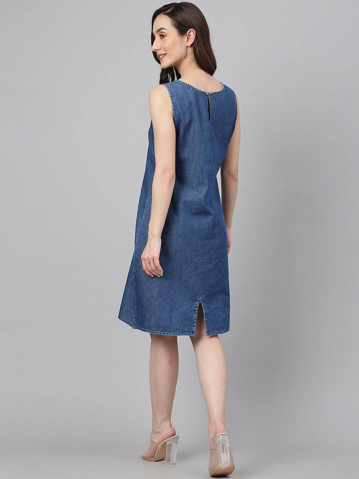 Blue Denim Solid Straight Western Dress  - By Janasya