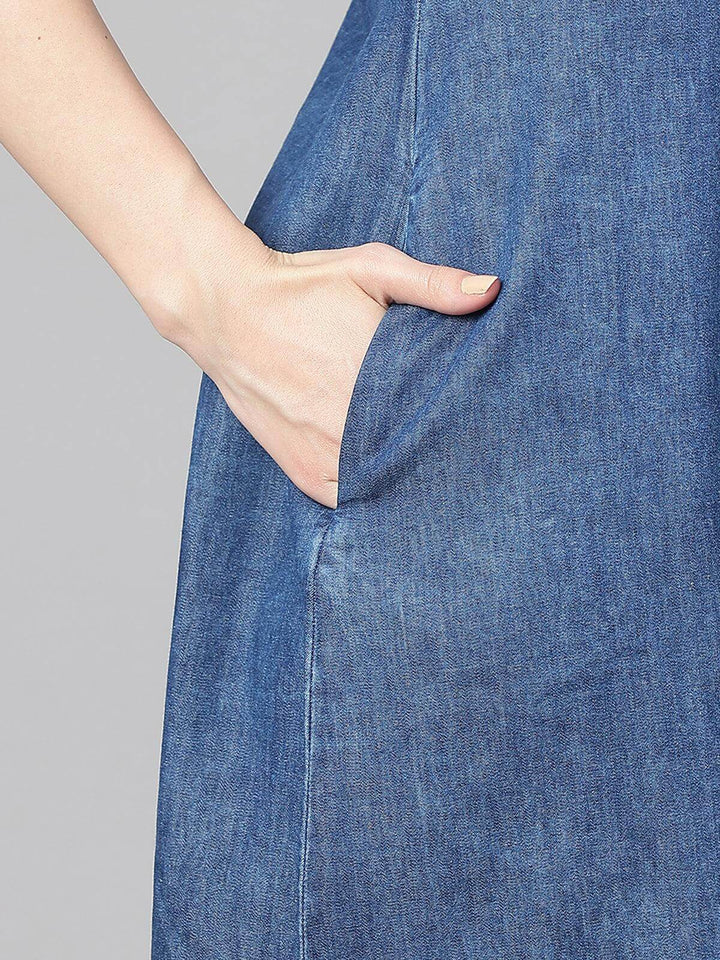 Blue Denim Solid Straight Western Dress  - By Janasya