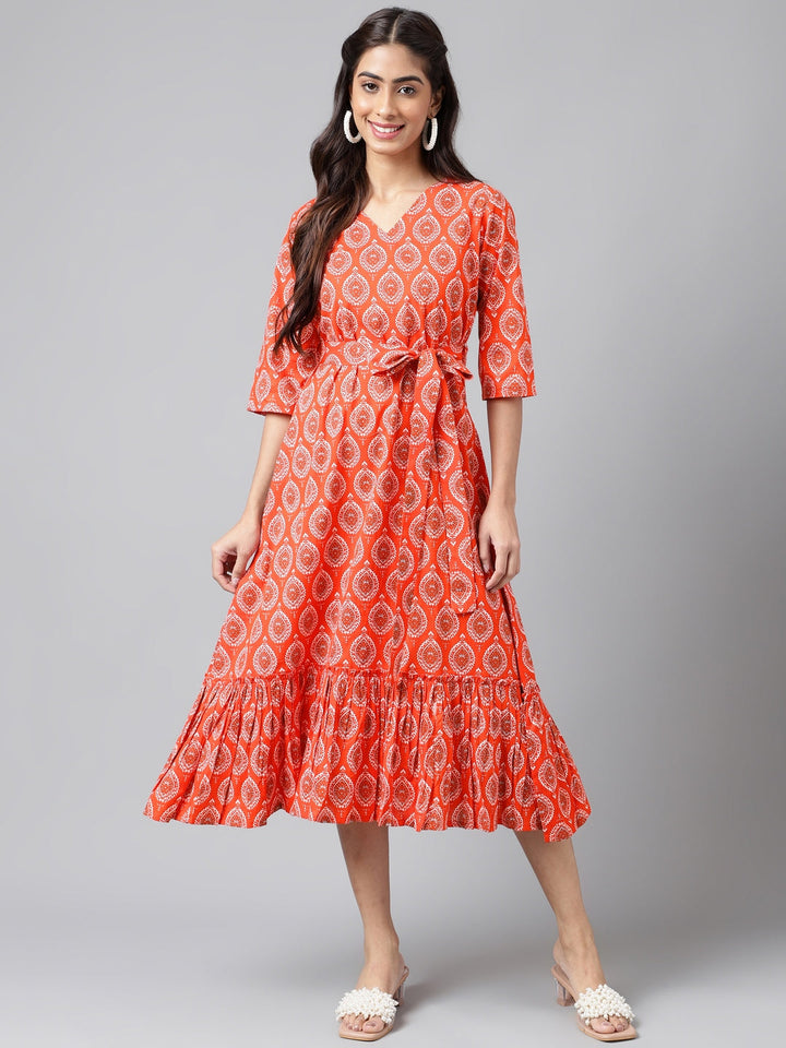 Orange Cotton Ethnic Motifs Printed Ruffled Dress  - By Janasya