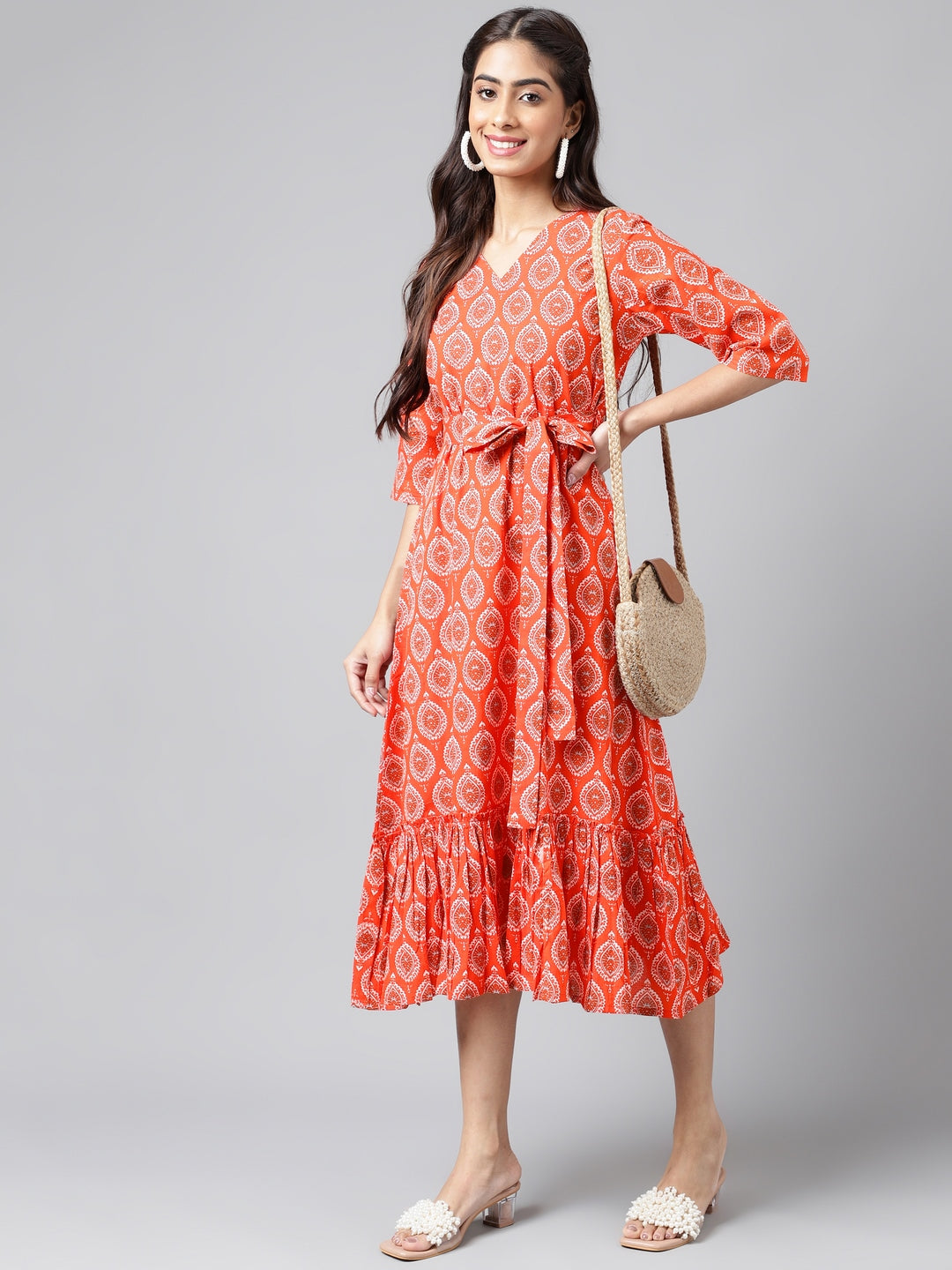 Orange Cotton Ethnic Motifs Printed Ruffled Dress  - By Janasya