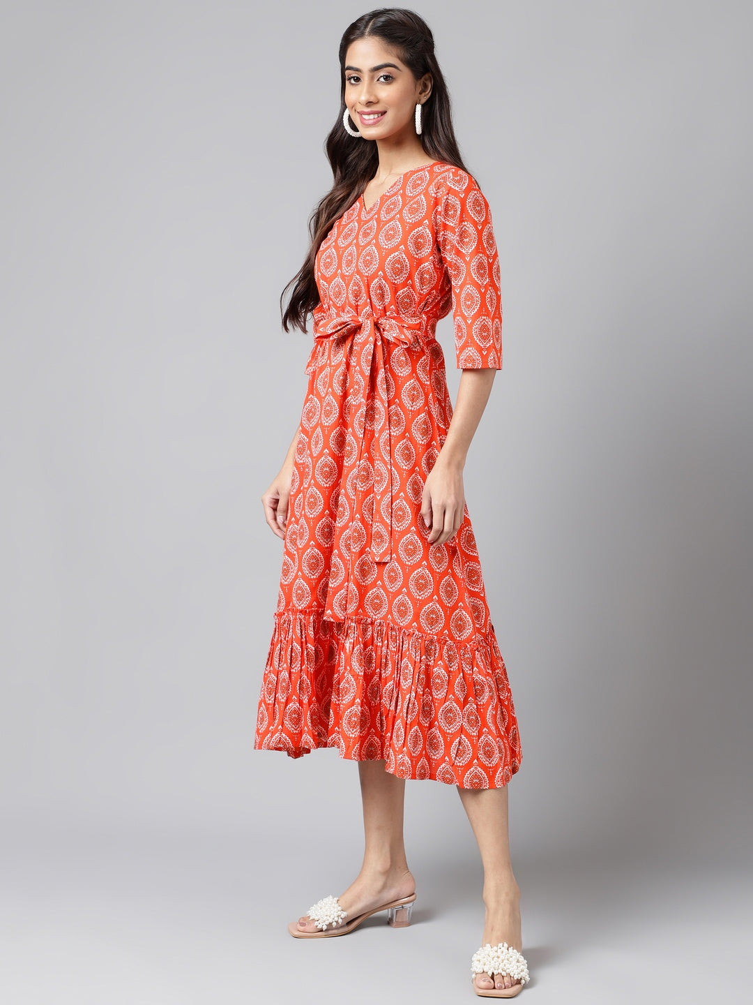 Orange Cotton Ethnic Motifs Printed Ruffled Dress  - By Janasya