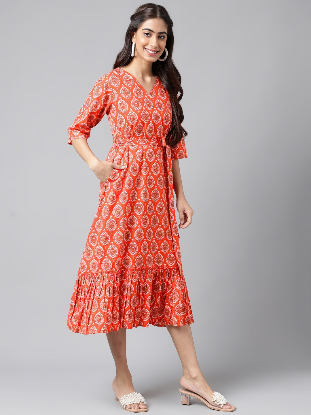 Orange Cotton Ethnic Motifs Printed Ruffled Dress  - By Janasya