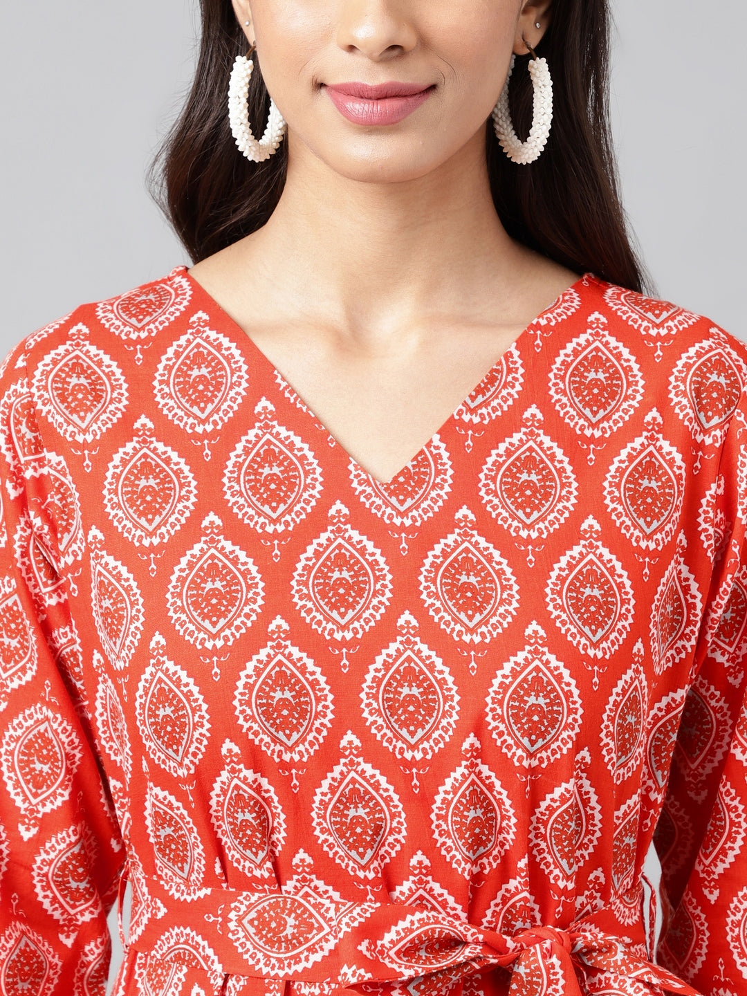 Orange Cotton Ethnic Motifs Printed Ruffled Dress  - By Janasya