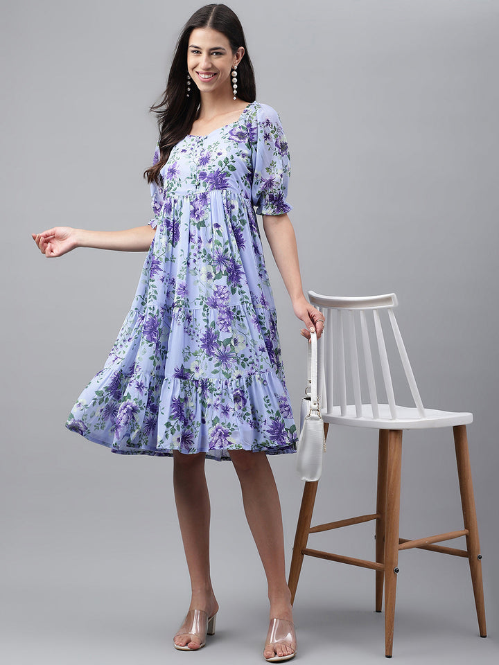 Lavender Georgette Floral Printed Tiered Dress  - By Janasya