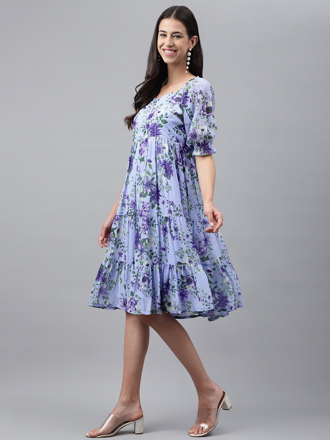 Lavender Georgette Floral Printed Tiered Dress  - By Janasya