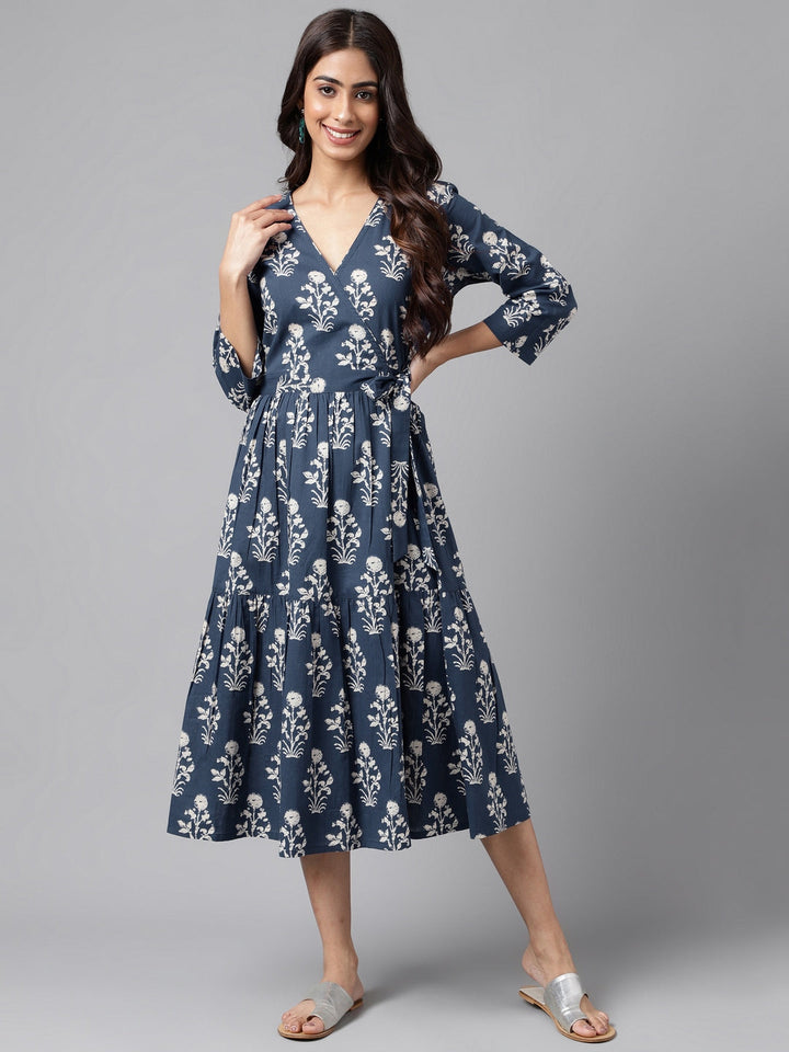 Navy Blue Cotton Floral Printed Wrap Dress  - By Janasya