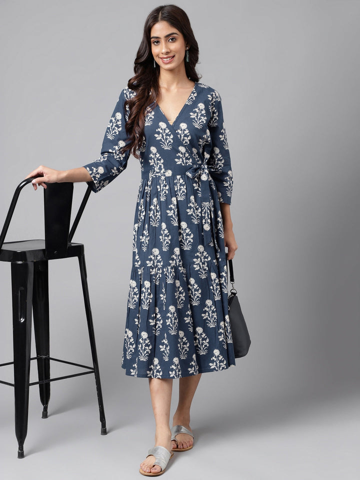 Navy Blue Cotton Floral Printed Wrap Dress  - By Janasya