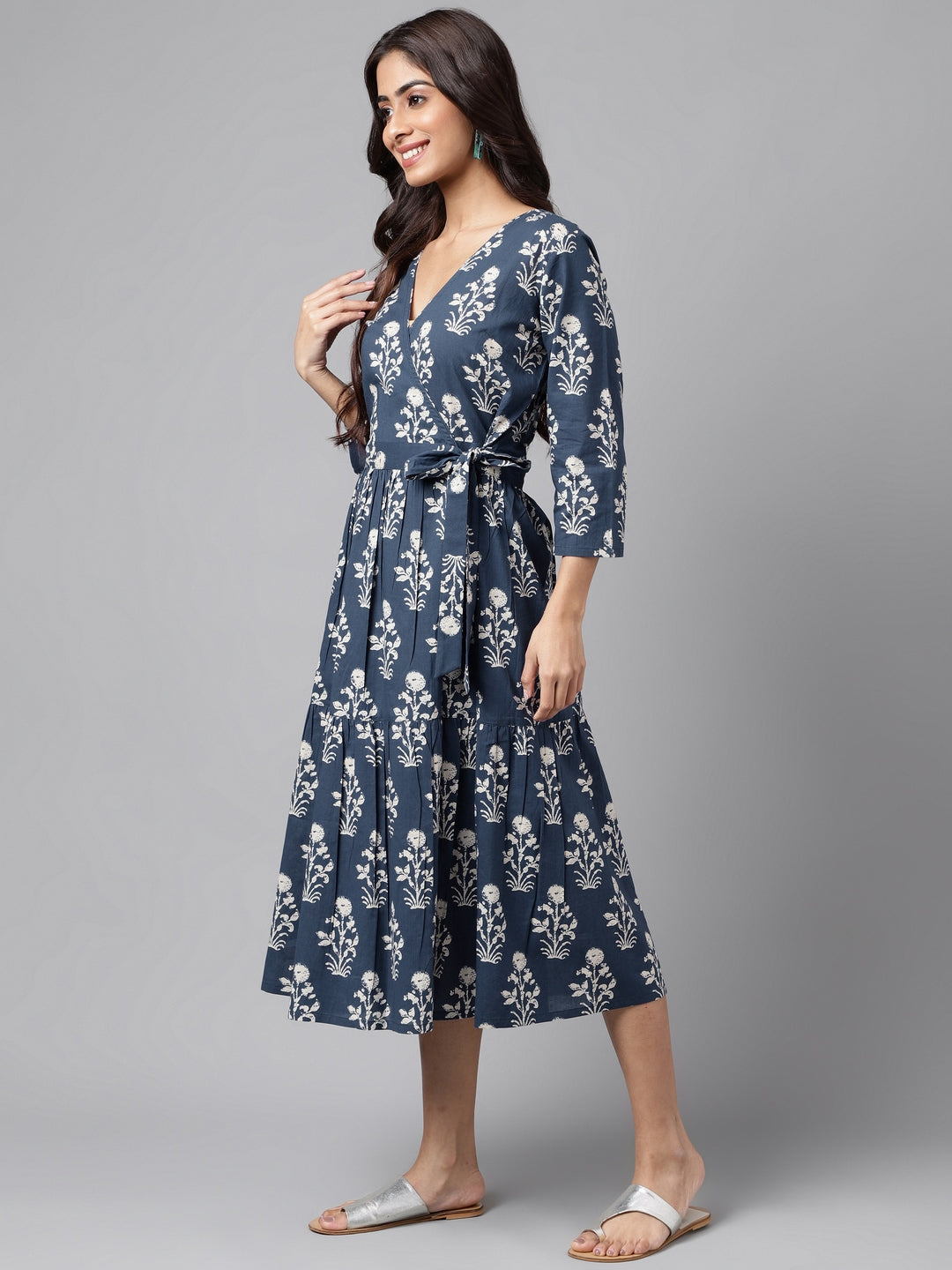 Navy Blue Cotton Floral Printed Wrap Dress  - By Janasya