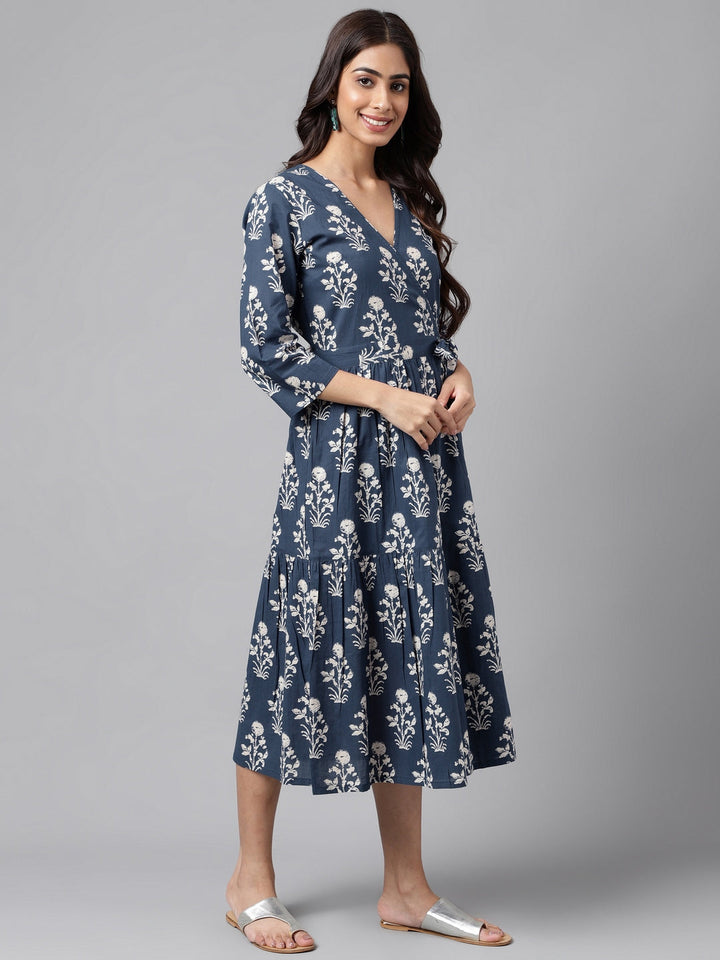 Navy Blue Cotton Floral Printed Wrap Dress  - By Janasya