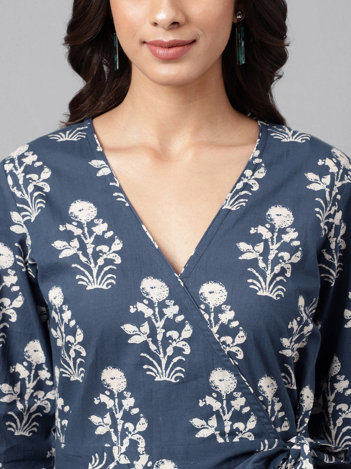 Navy Blue Cotton Floral Printed Wrap Dress  - By Janasya