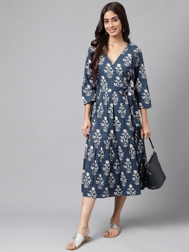 Navy Blue Cotton Floral Printed Wrap Dress  - By Janasya