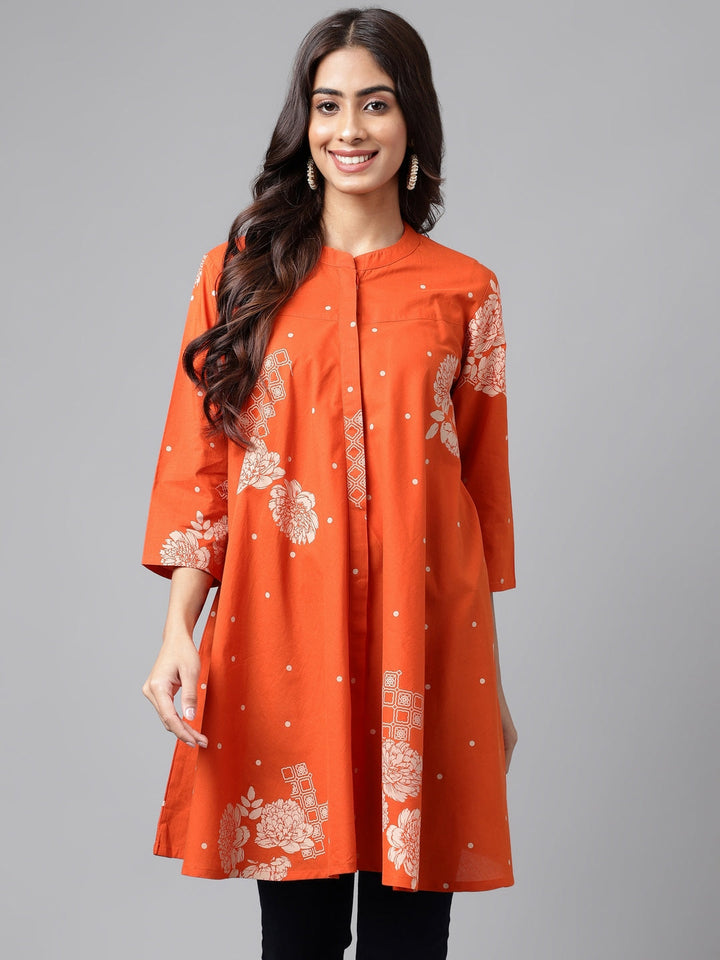 Orange Cotton Floral Printed Flared Tunic  - By Janasya