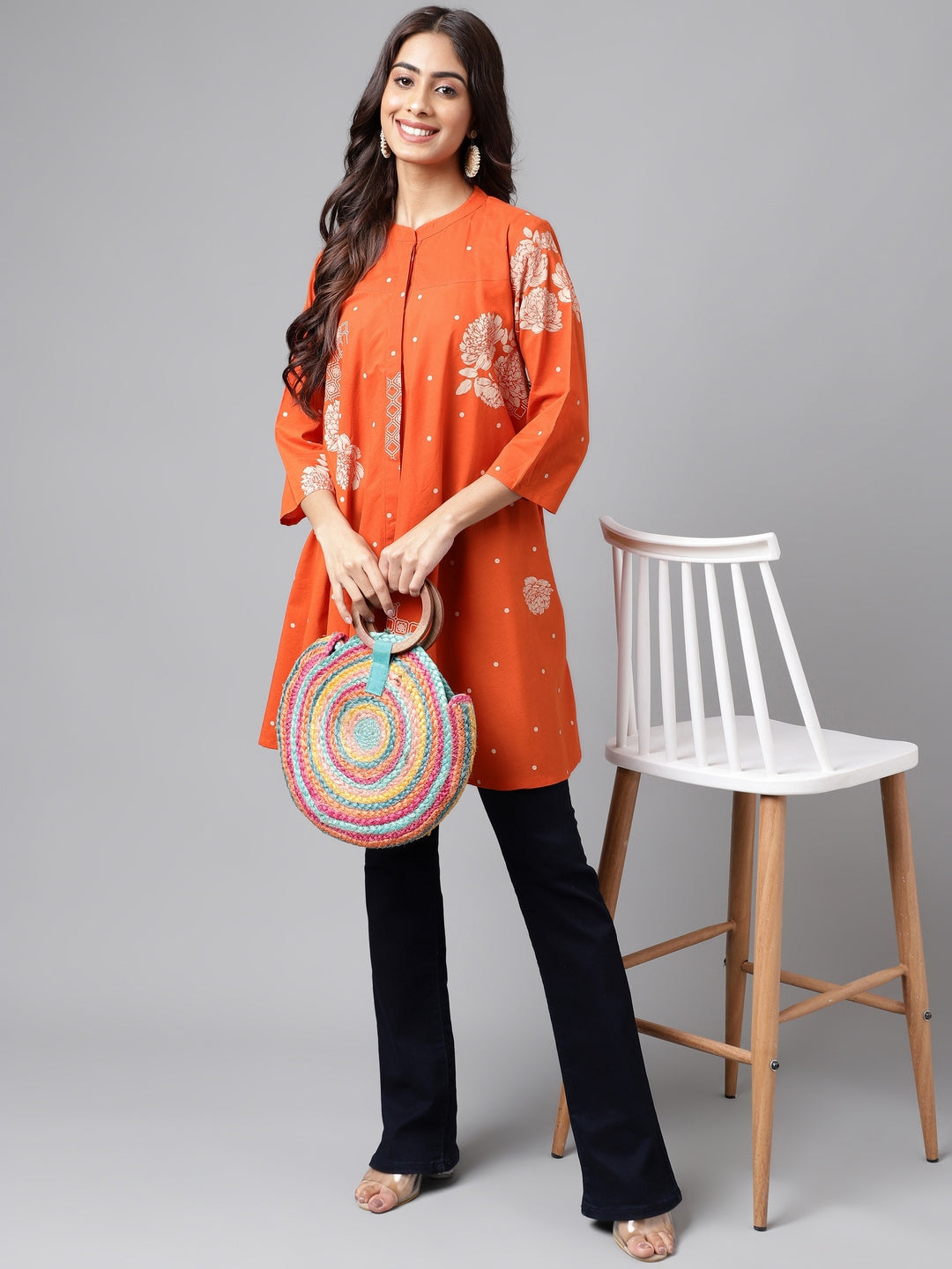 Orange Cotton Floral Printed Flared Tunic  - By Janasya