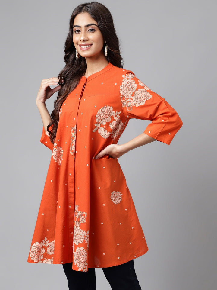 Orange Cotton Floral Printed Flared Tunic  - By Janasya