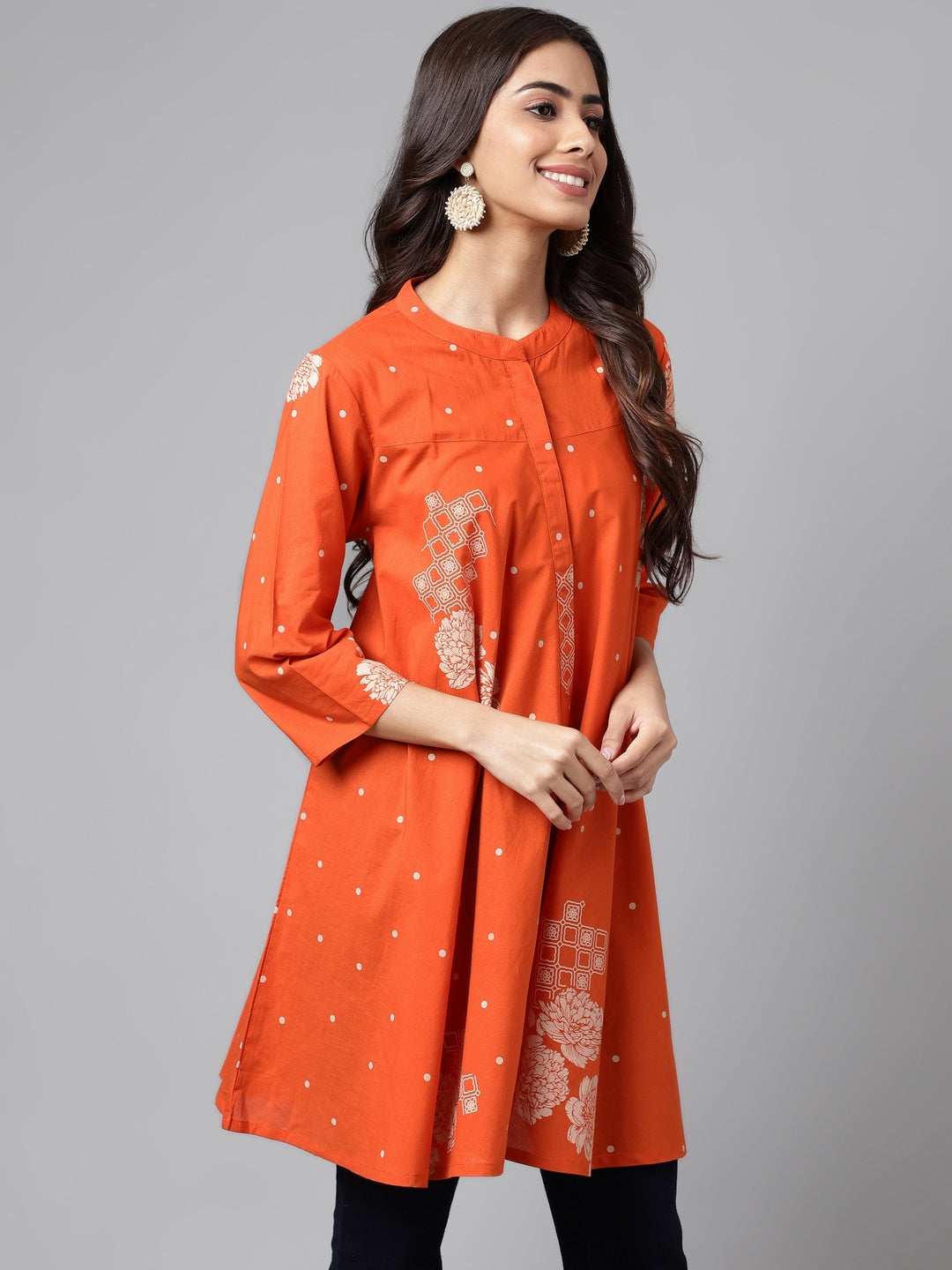 Orange Cotton Floral Printed Flared Tunic  - By Janasya