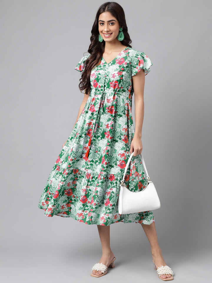 Green Moss Digital Floral Printed A-line Dress  - By Janasya