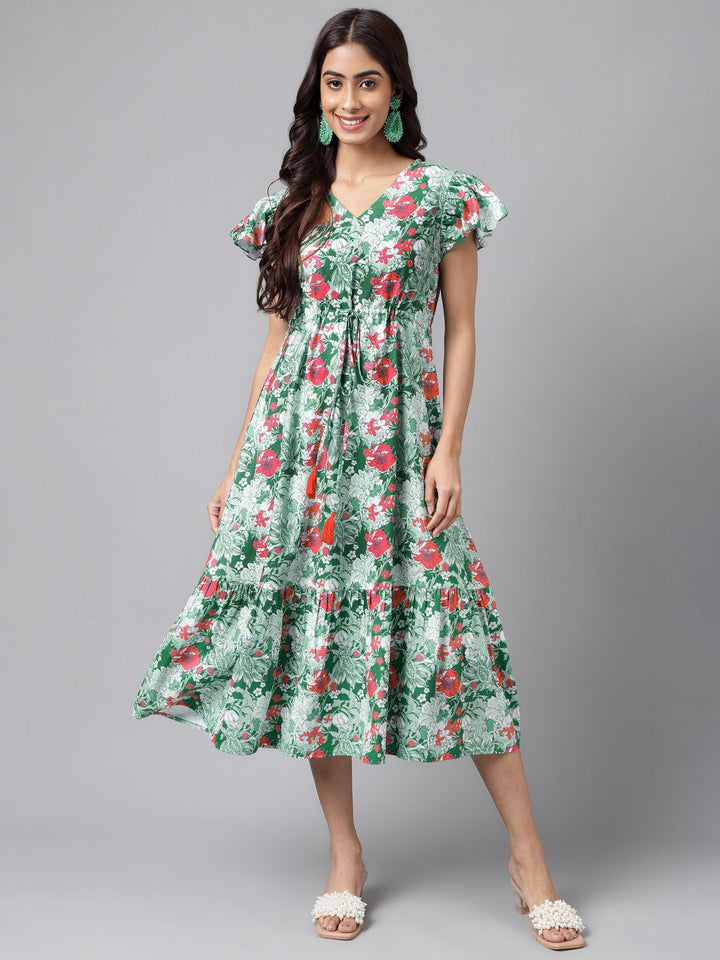 Green Moss Digital Floral Printed A-line Dress  - By Janasya