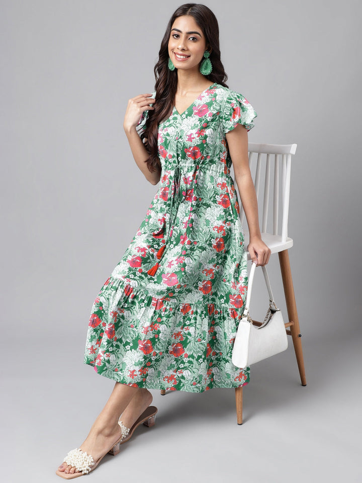 Green Moss Digital Floral Printed A-line Dress  - By Janasya