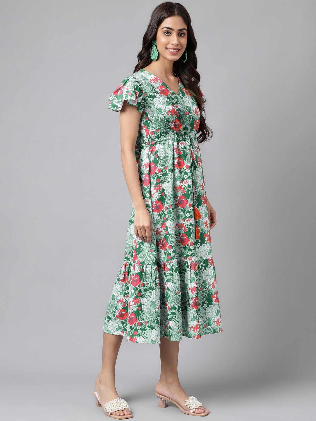 Green Moss Digital Floral Printed A-line Dress  - By Janasya