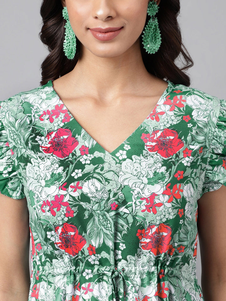 Green Moss Digital Floral Printed A-line Dress  - By Janasya