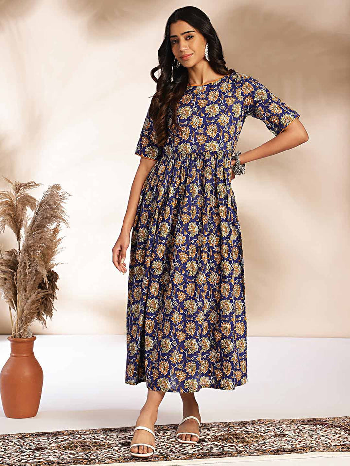 Dark Blue Cotton Floral Printed Gathered Maxi Dress  - By Janasya